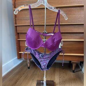Converse purple and grey bikini bottom L with 36D new J. Crew purple top